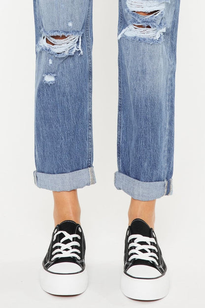 Kancan Mid Rise Distressed Straight Jeans.