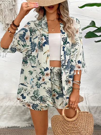 Tassel-Trimmed Printed Top and Shorts Ensemble