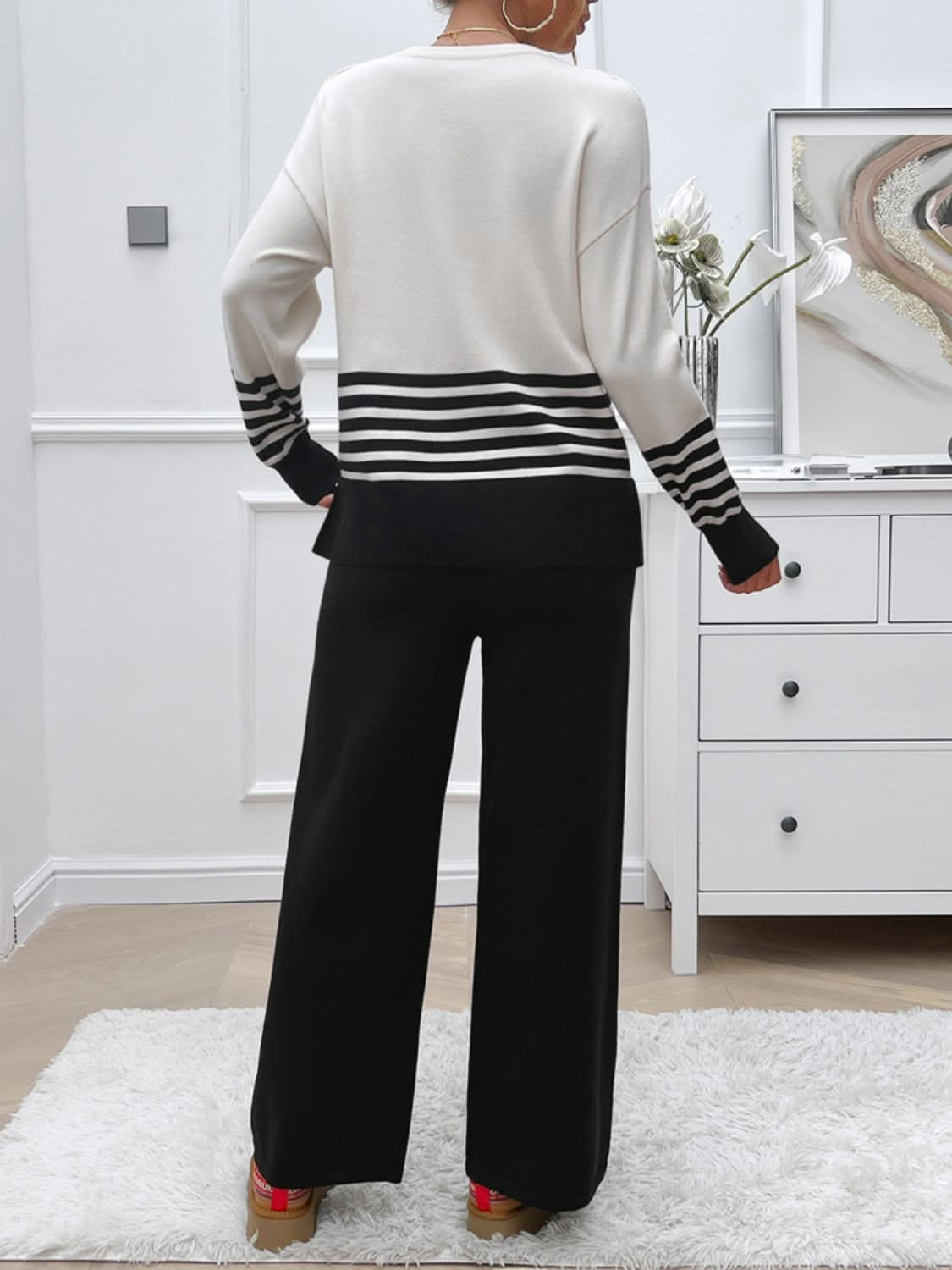 Chic striped sweater set with slit detail and round neck