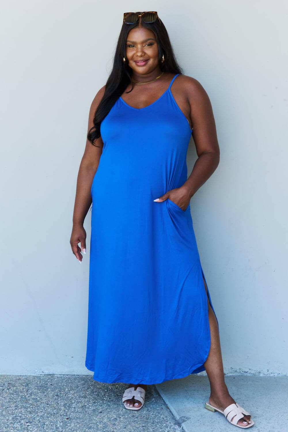 Ninexis Good Energy Full Size Cami Side Slit Maxi Dress in Royal Blue.