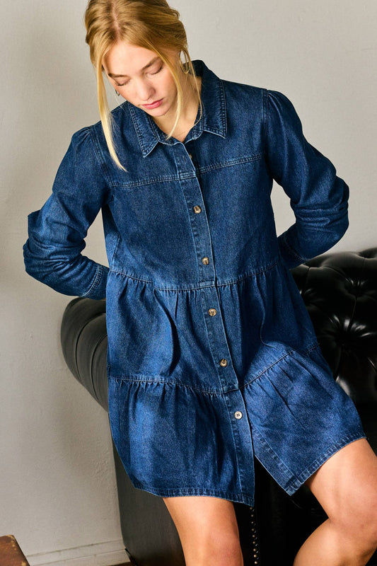 Effortless Button Down Babydoll Ruffle Denim Dress Chic Fitkitty Culture Athleisure Wear, Yoga Wear & Women's Clothing