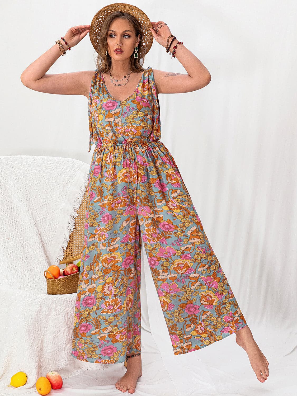 Plus Size Printed Wide Leg Sleeveless Jumpsuit.