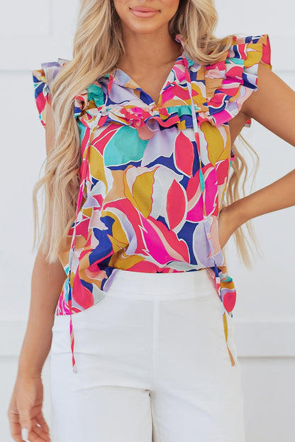 Pink Ruffled Flutter Sleeve Blouse with Abstract Print and Tied Split V Neck