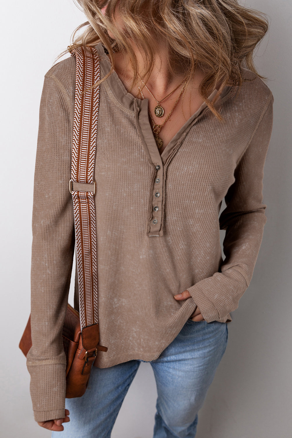 Trendy coffee acid wash waffle knit long sleeve top with buttoned neckline