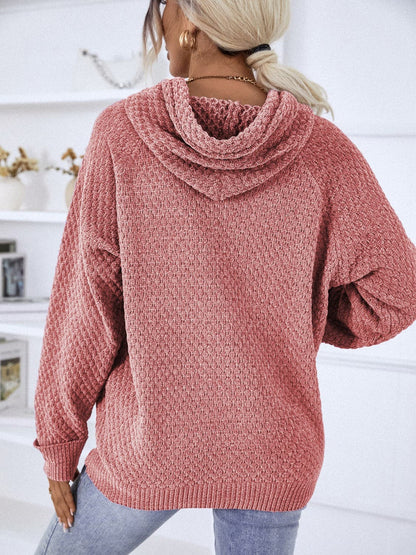 Texture Drawstring Long Sleeve Hooded Sweater.