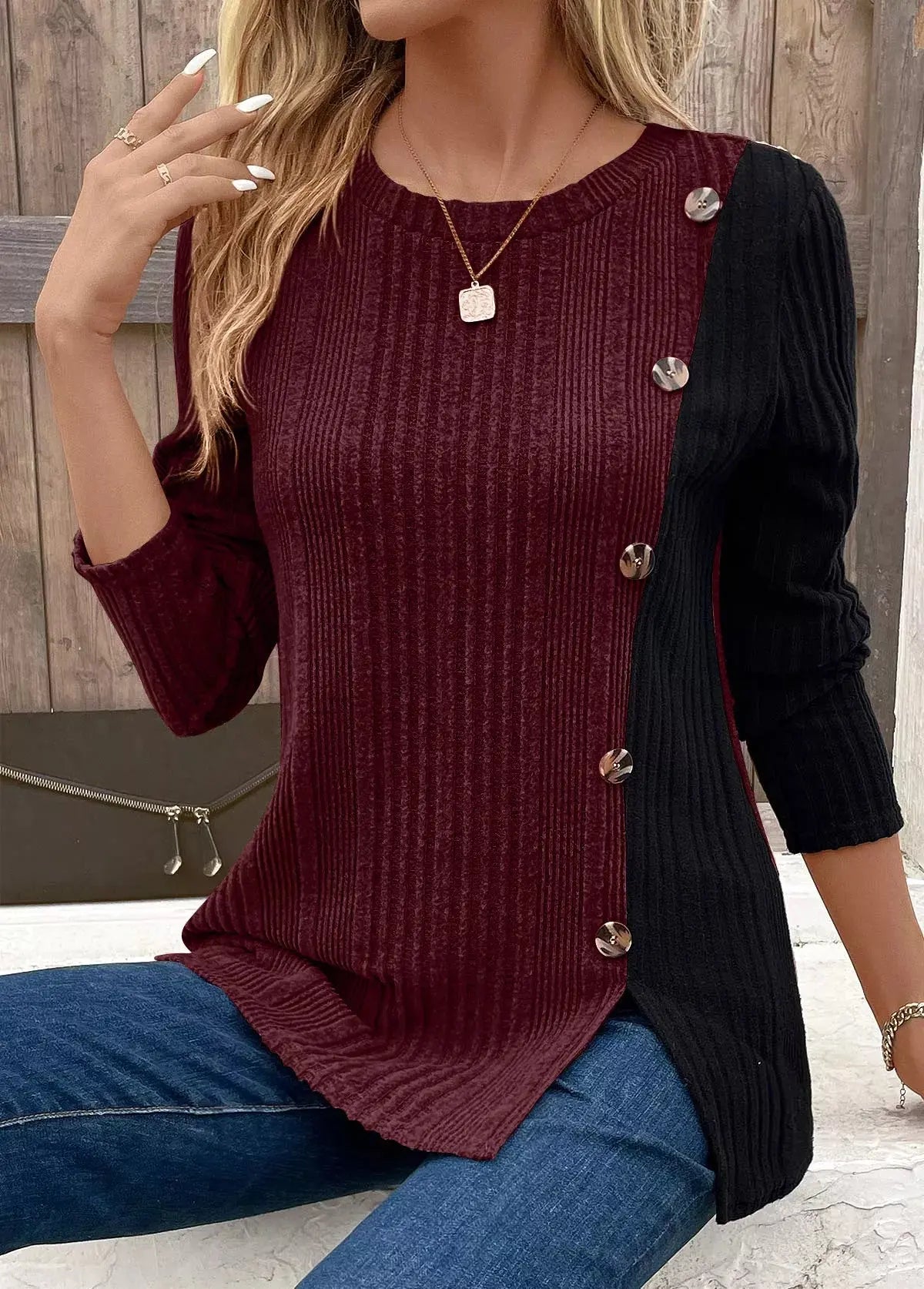 Color Block Ribbed Knit Top With Decorative Buttons Slit Detail Simply Love