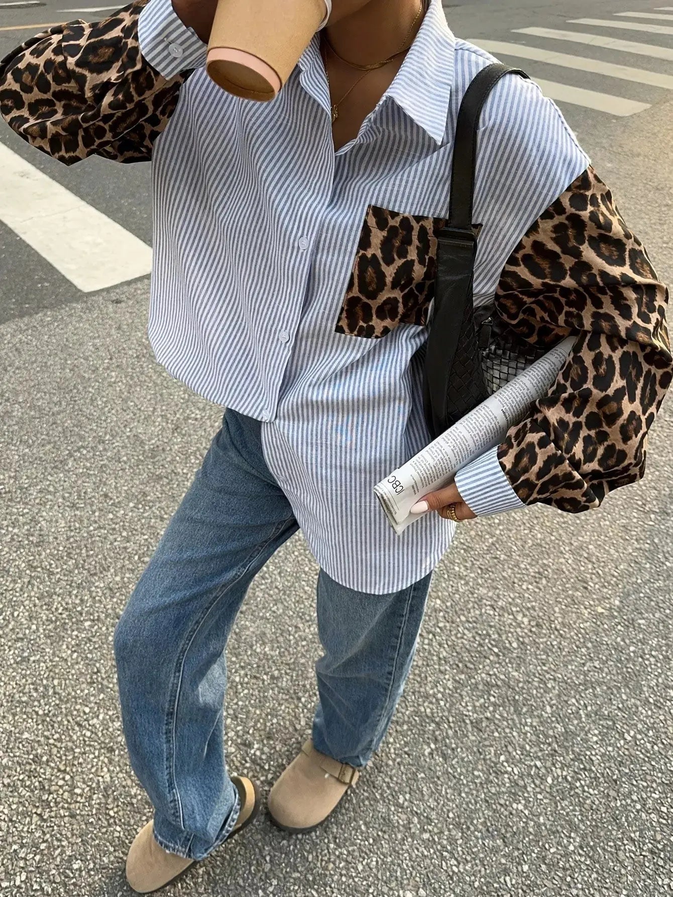 Striped & Leopard Print Button Up Shirt Simply Love