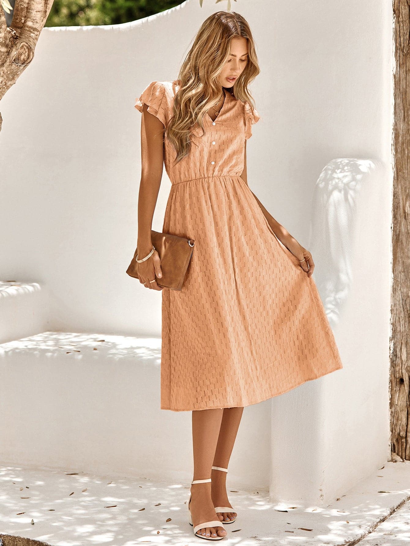 V-Neck Flutter Sleeve Midi Dress.