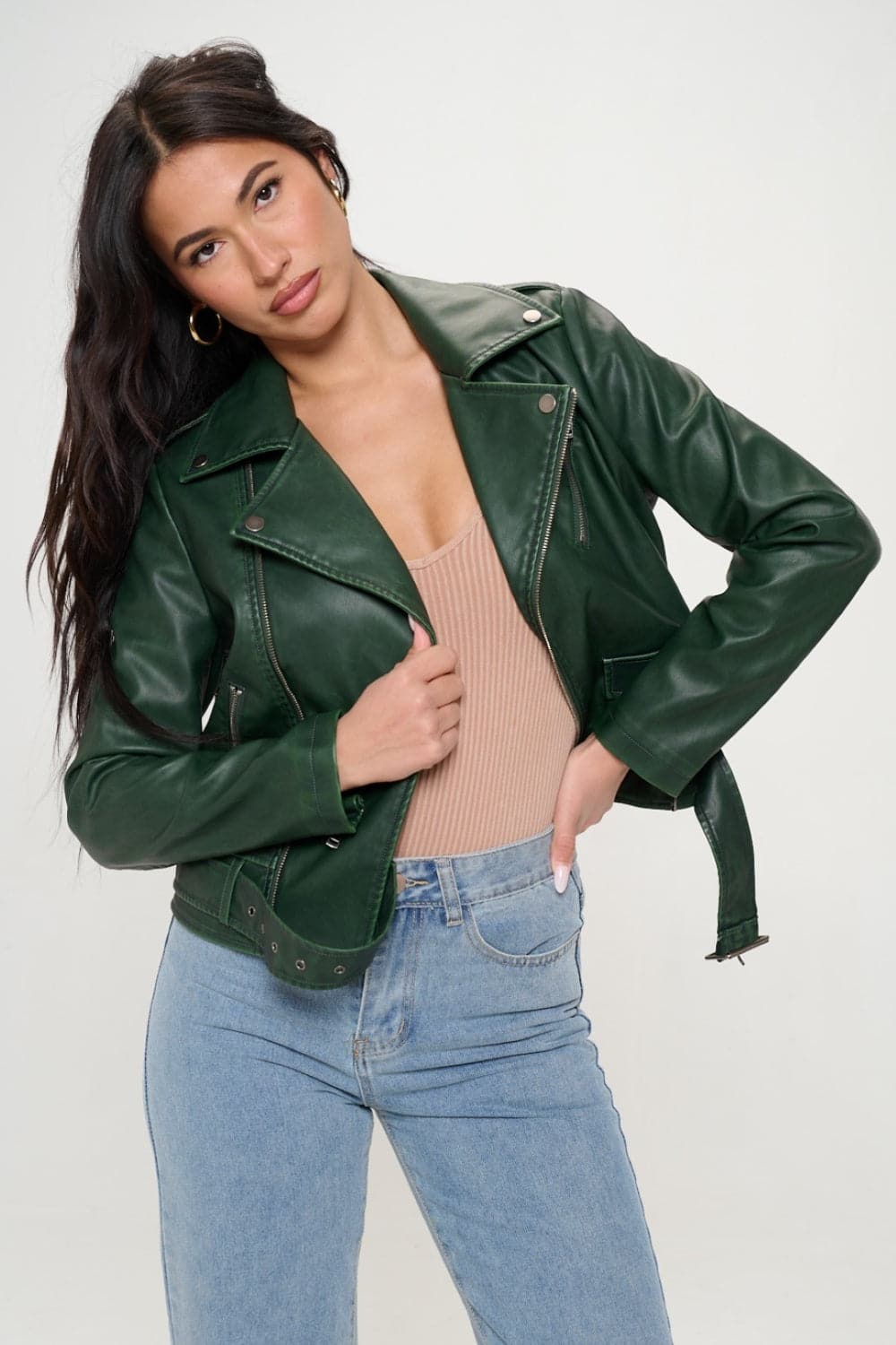 Coalition LA Zip Up Biker Jacket with BeltThis zip-up biker jacket features a stylish design with a notched lapel and a belt for a trendy look. The asymmetrical zipper adds an edgy touch to the jacket. Two zLove Salve Coalition LA ZipOuterwear