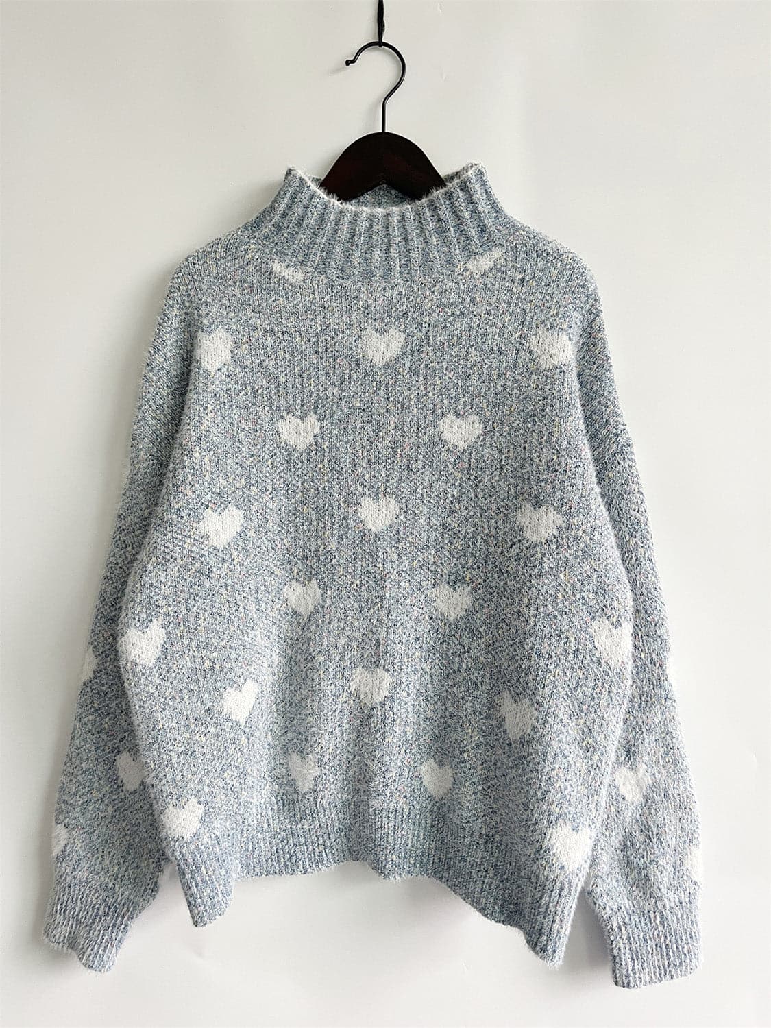 Heart Heathered Turtleneck Drop Shoulder Sweater.