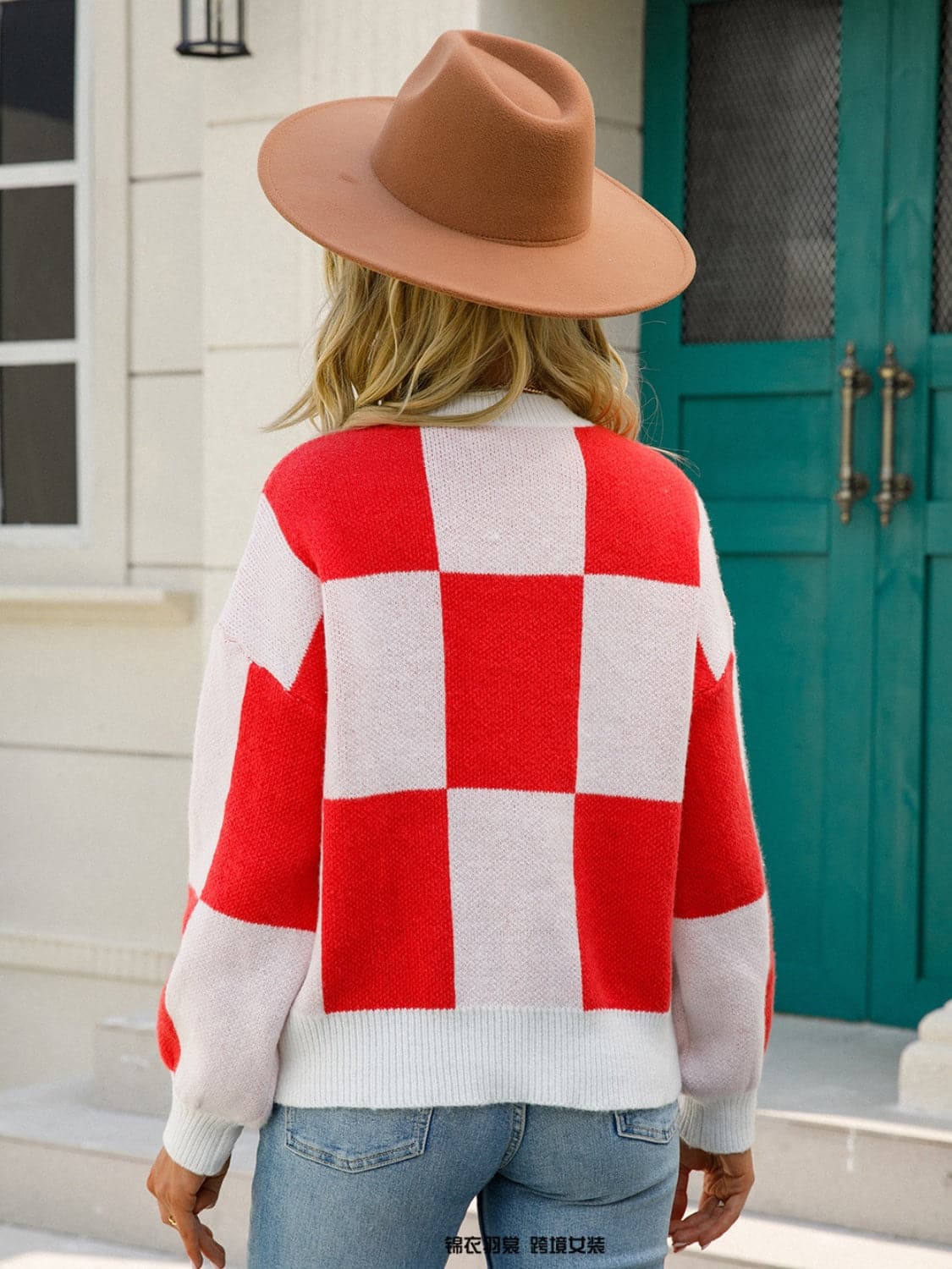 Checkered Round Neck Dropped Shoulder Sweater.