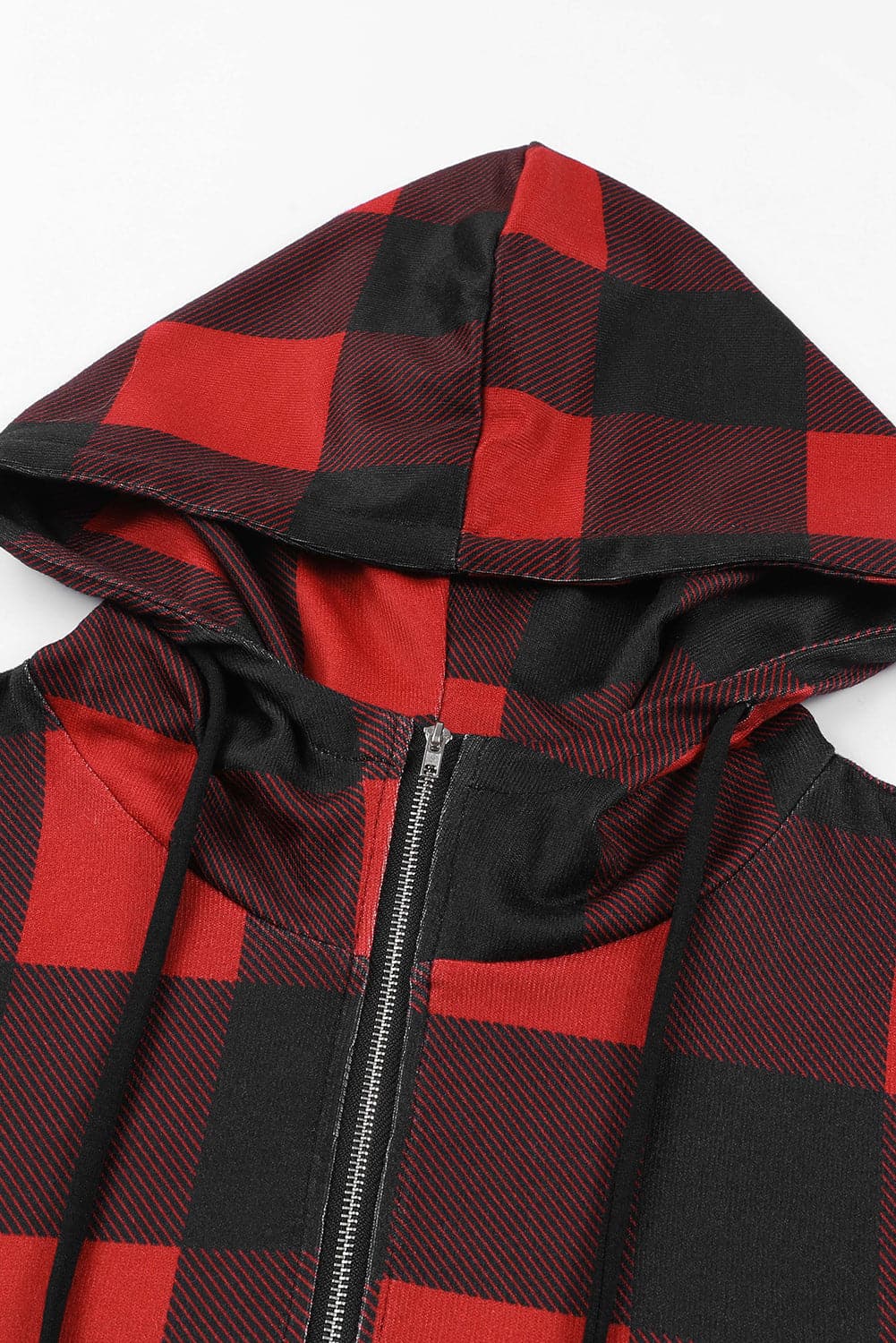 Drawstring Plaid Half Zip Hoodie.