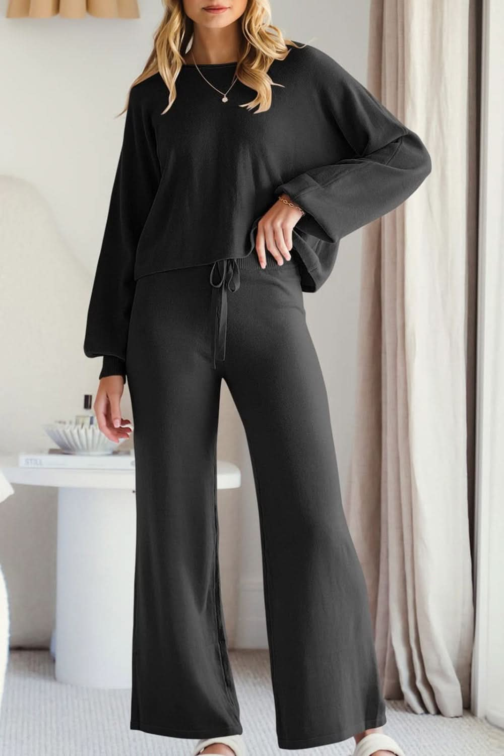 Sleek Basic Two-Piece Long Sleeve Top and Pants Set