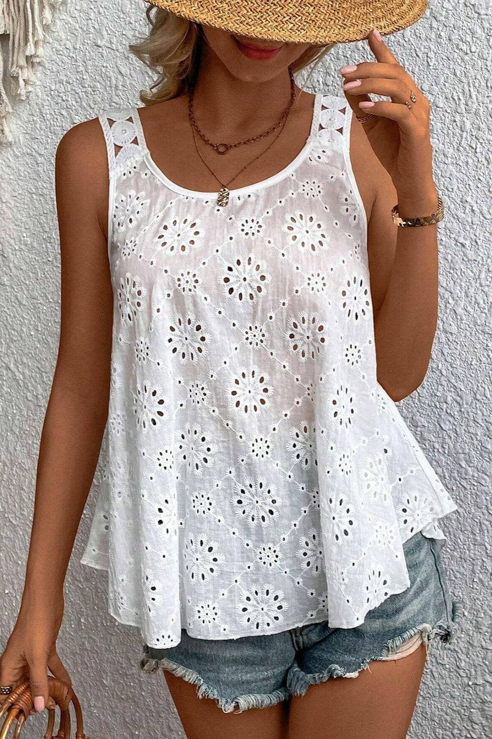 Eyelet Round Neck Wide Strap Tank.