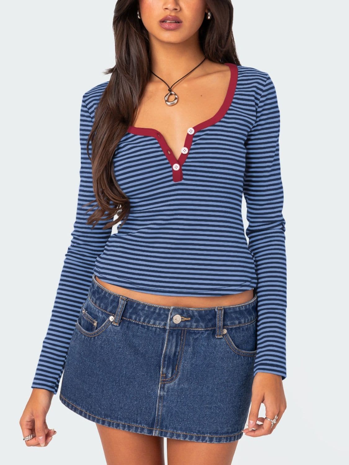 Striped button-up long sleeve tee