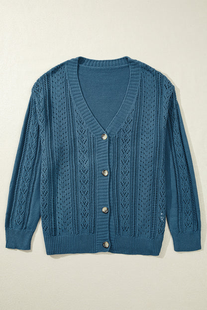 Chic real teal plus size cardigan with open knit and button front design