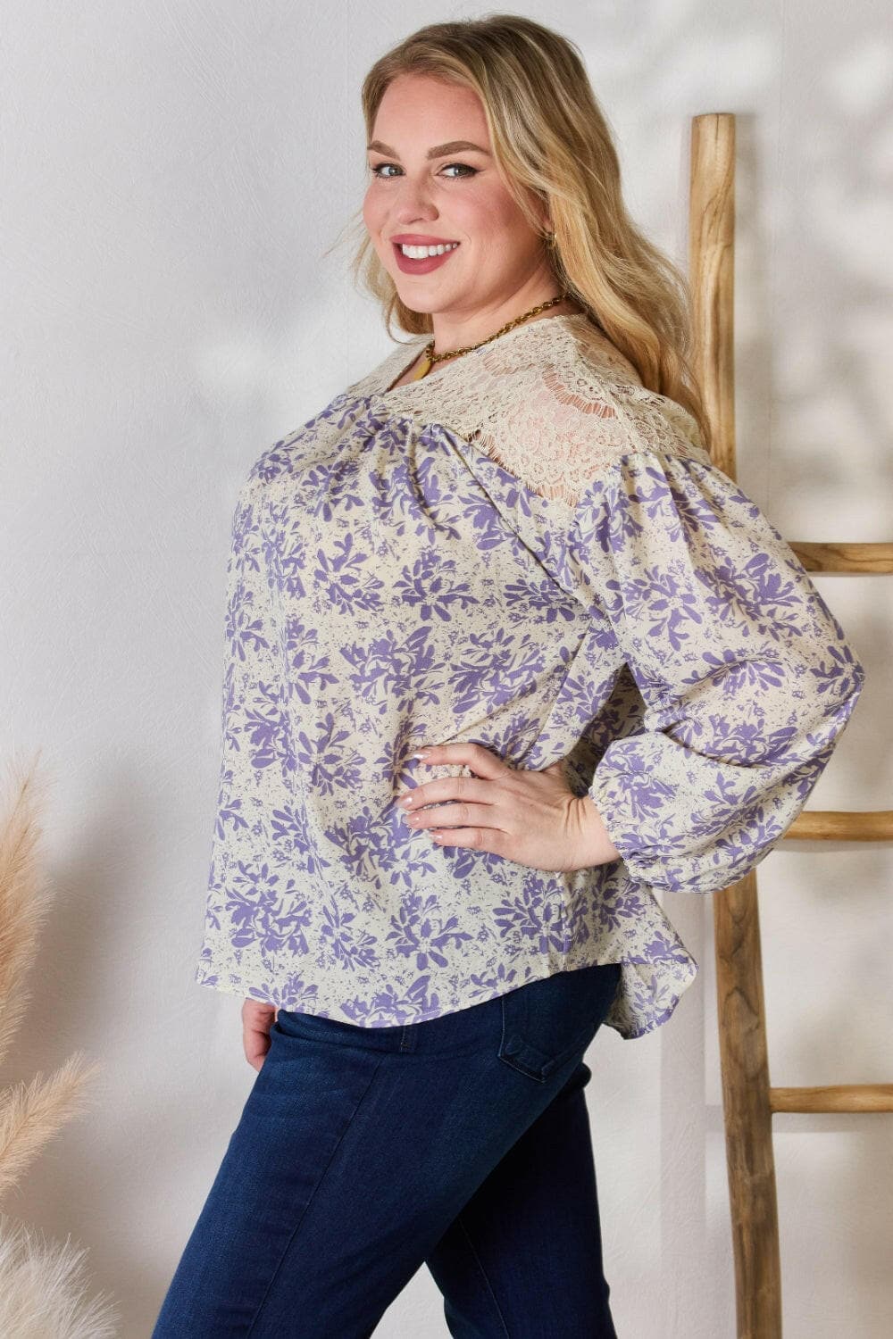 Hailey & Co Full Size Lace Detail Printed BlouseExperience Elegance and Style
 The Hailey &amp; Co Full Size Lace Detail Printed Blouse is the perfect combination of delicate lace accents and vibrant prints, makinLove Salve Full Size Lace Detail Printed BlouseBlouses