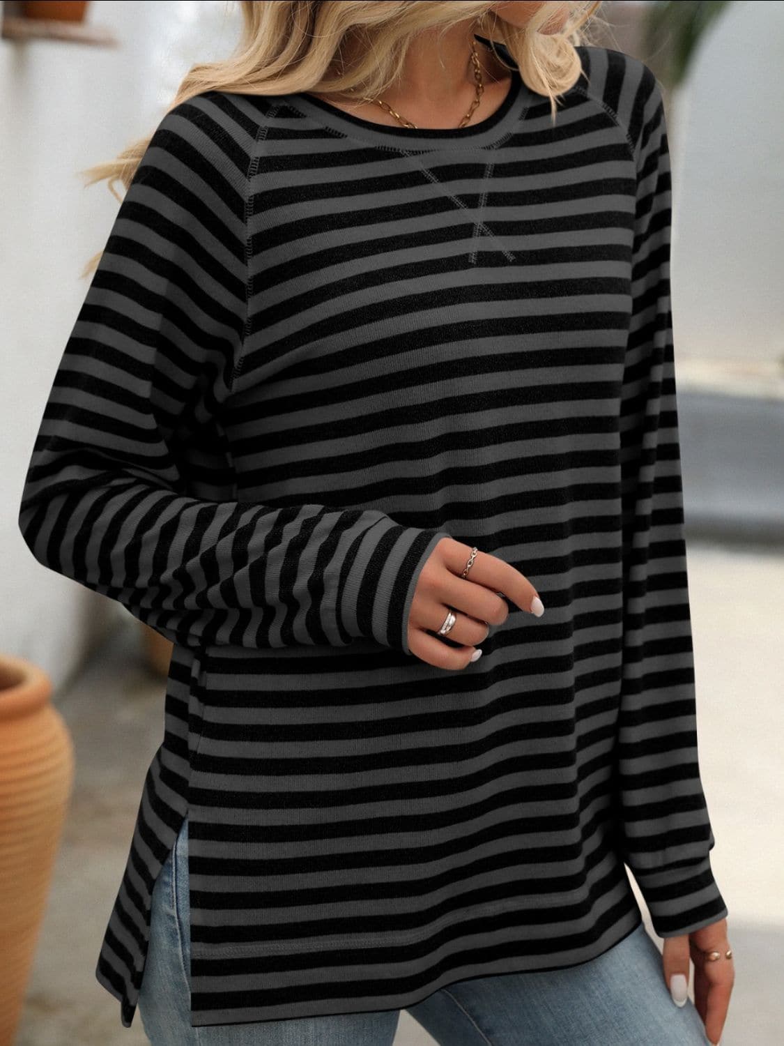 Striped Round Neck Long Sleeve T-Shirt.