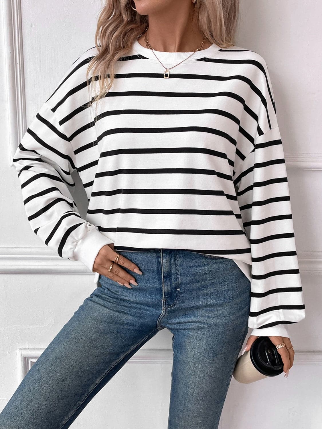 Striped Round Neck Long Sleeve Sweatshirt.