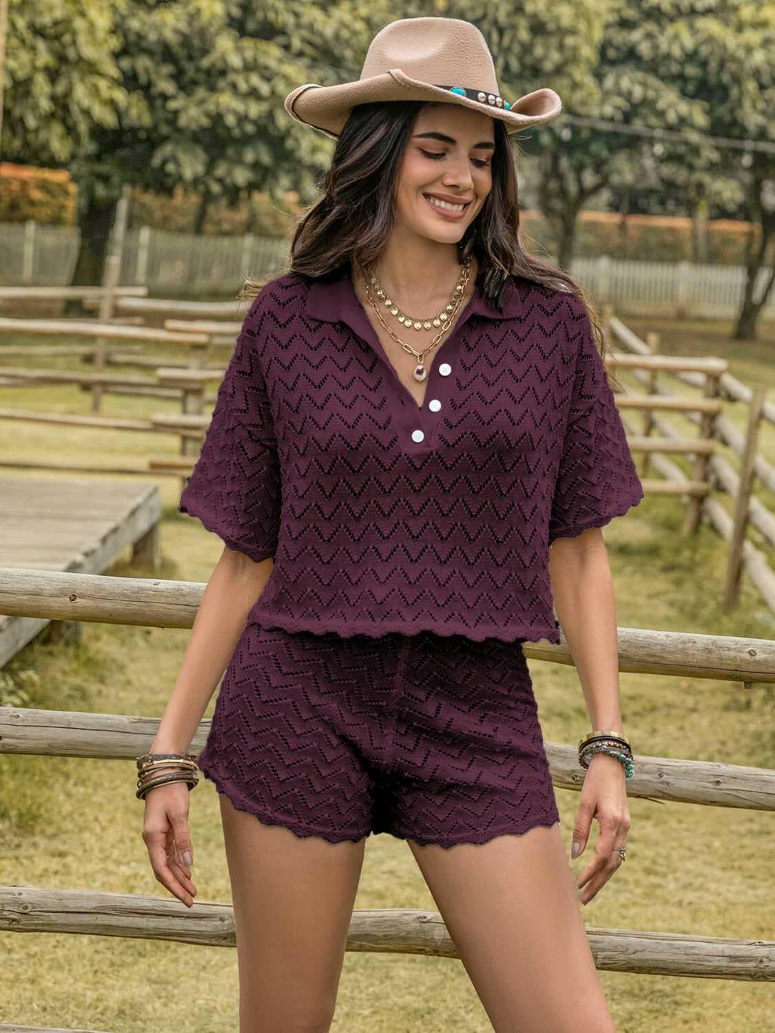 Eyelet Collared Neck Short Sleeve Top and Shorts Set.