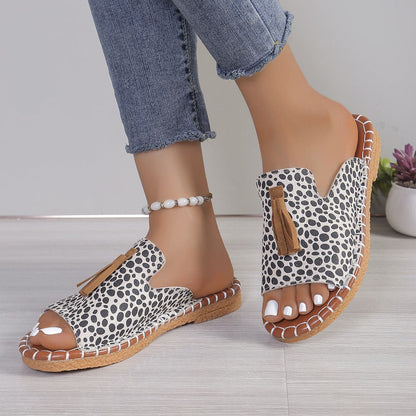 Fringe Leopard Open Toe Sandals.