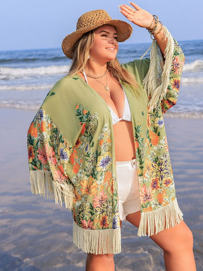 Plus Size Fringe Open Front Cover-Up.