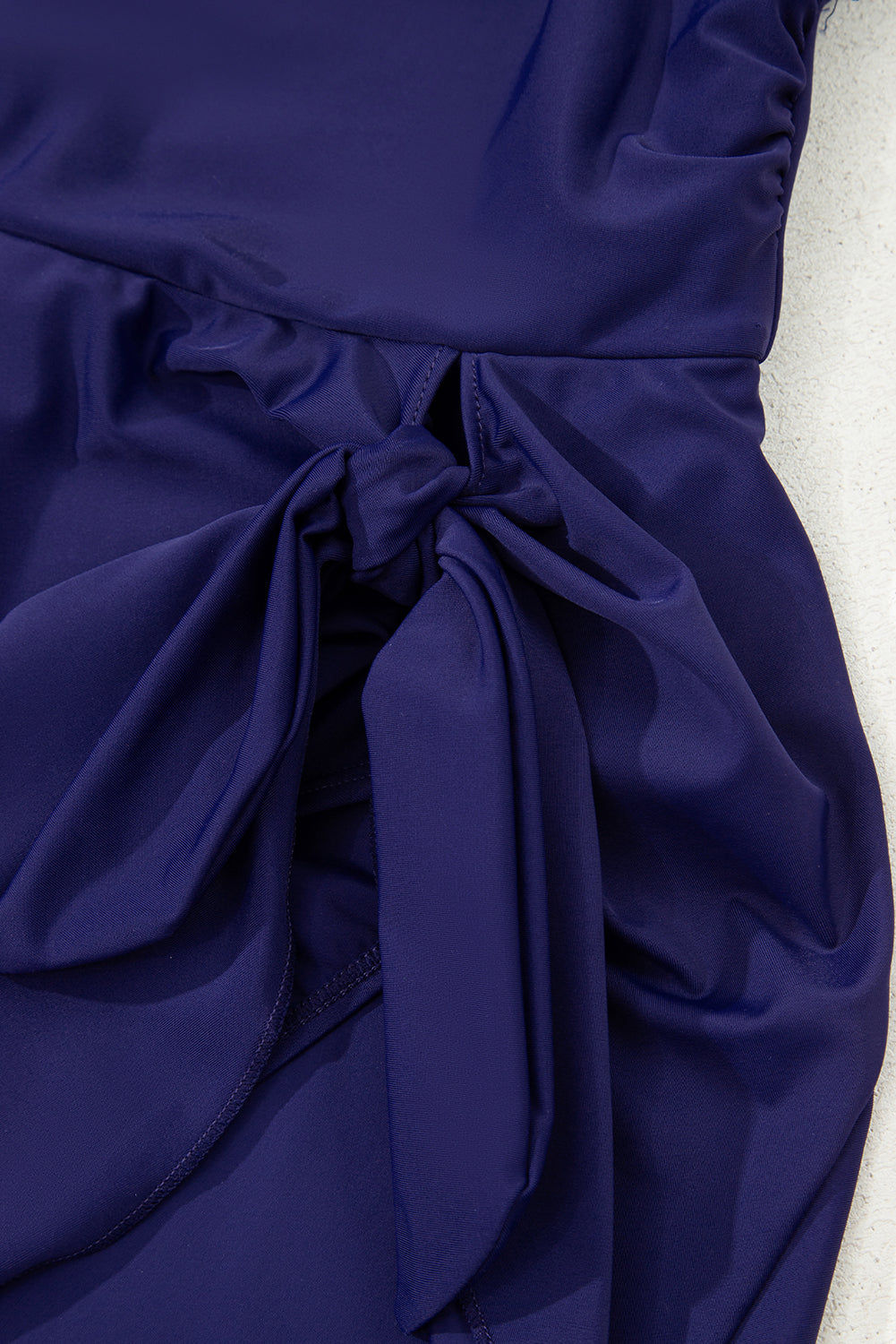Navy Blue Adjustable Straps Cutout Ruched Knot Slit Swim Dress