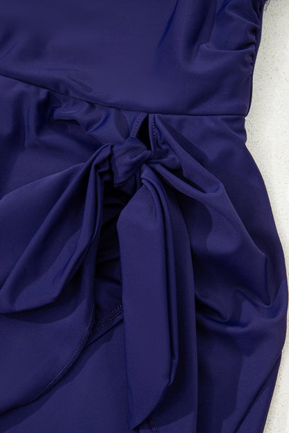 Navy Blue Adjustable Straps Cutout Ruched Knot Slit Swim Dress