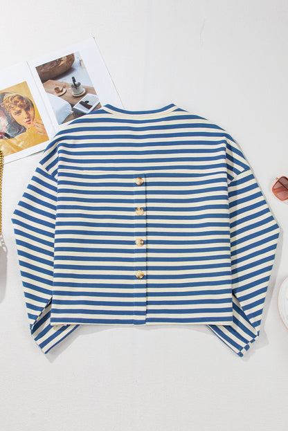 Sky Blue Striped V-Neck Top with Pocket and Buttoned Back