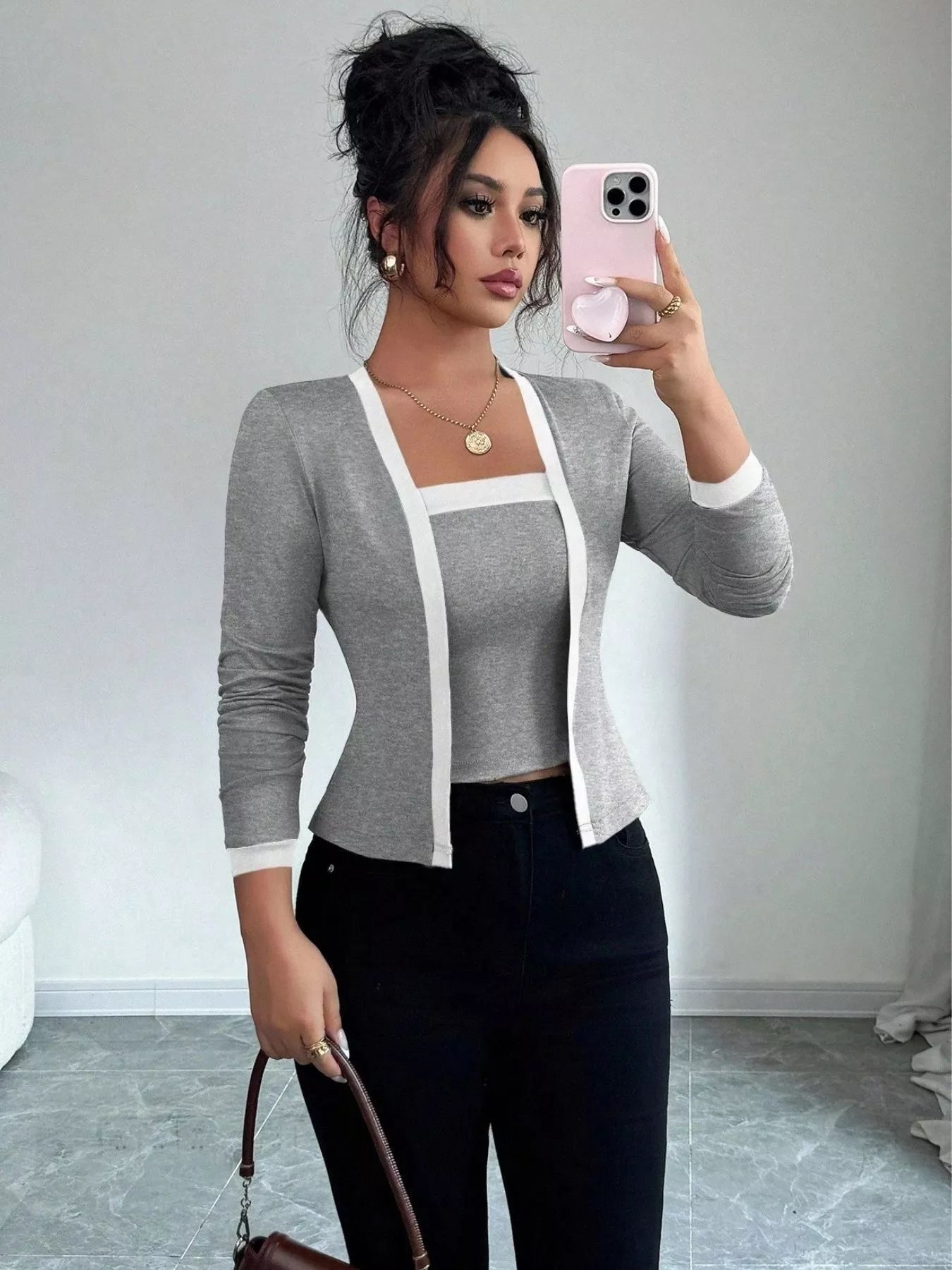 Contrast Trim Cardigan & Tank Top Set Simply Love