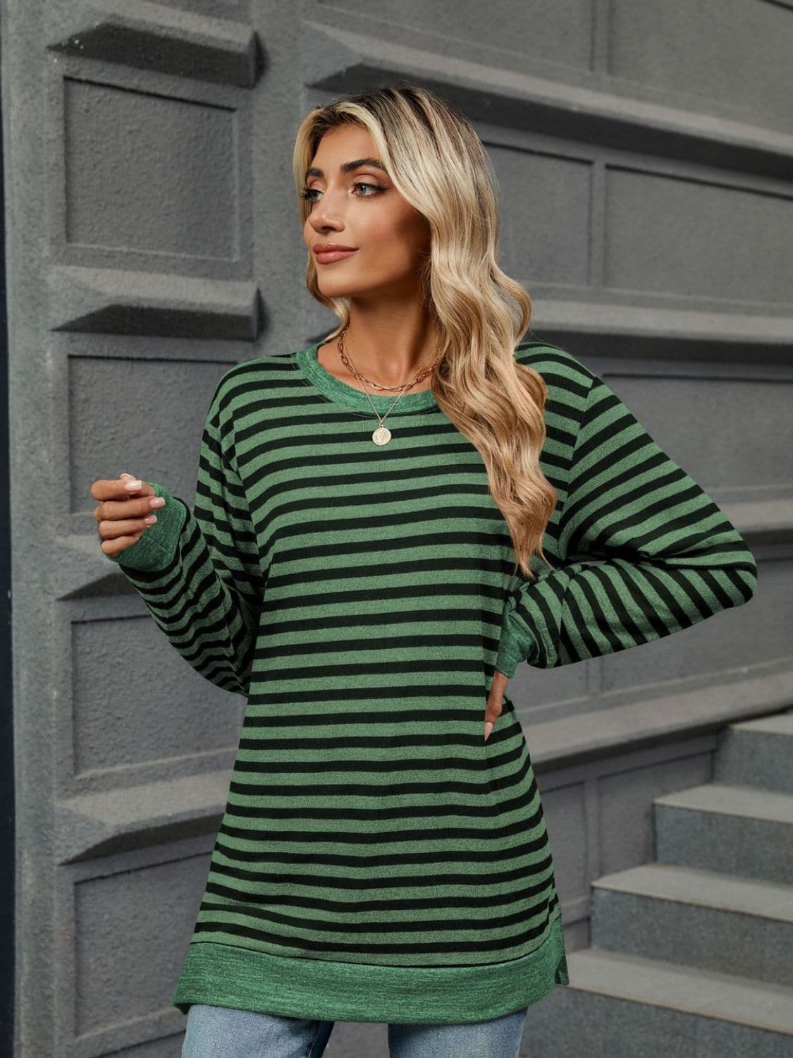 Striped Round Neck Long Sleeve T-Shirt.