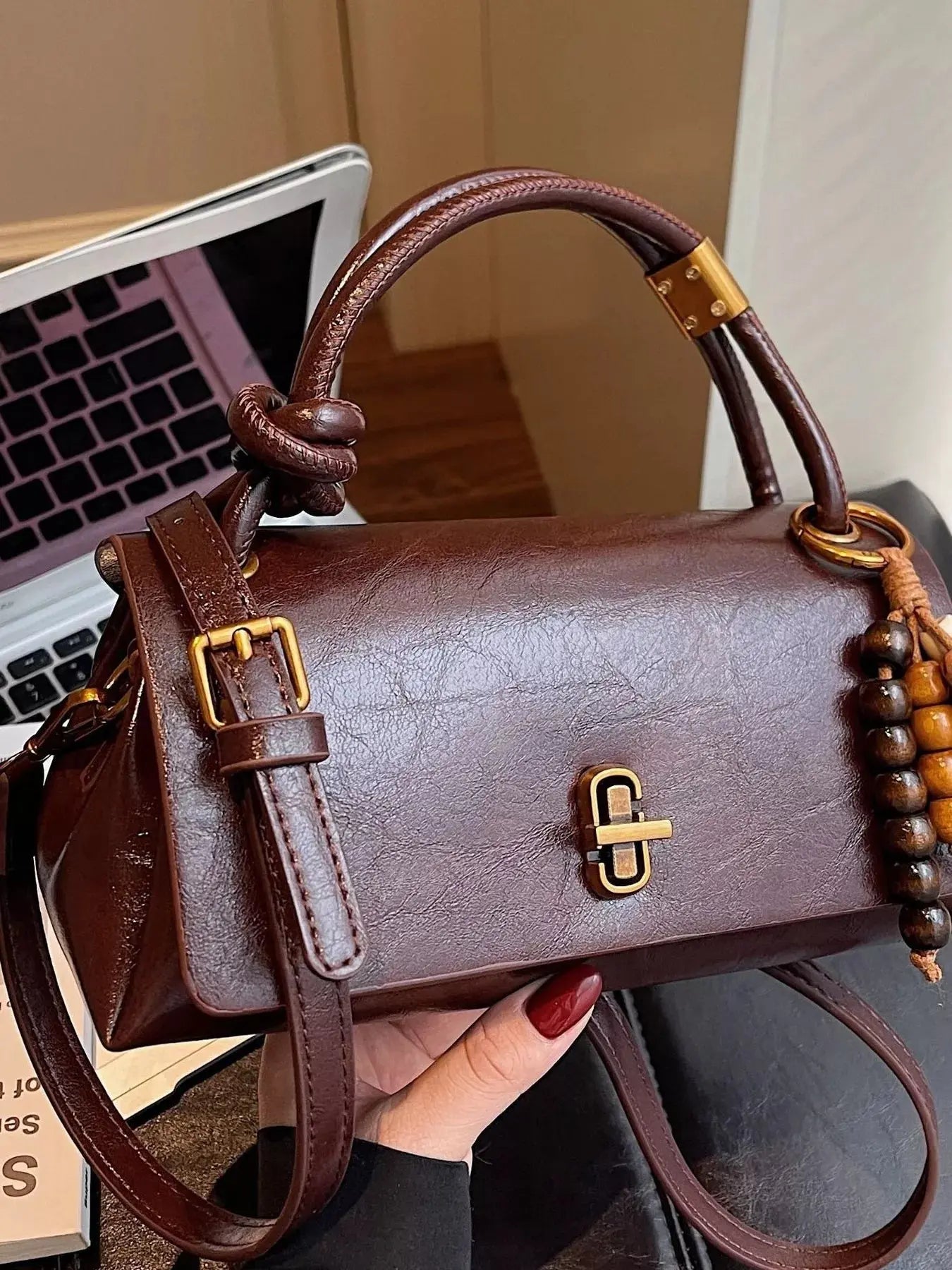 Leather Crossbody Bag with Bead Charm Simply Love