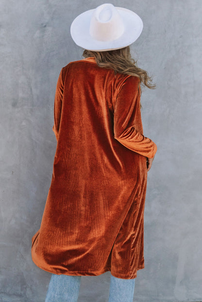 Chic brown velvet long sleeve coat with pockets