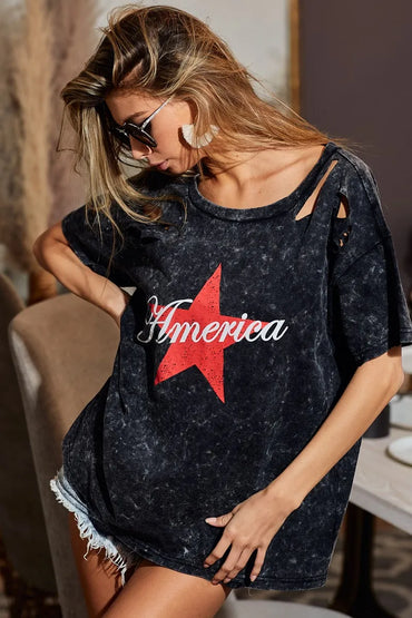 BiBi Laser Cut Mineral Washed Jersey Top with America - Love Salve 