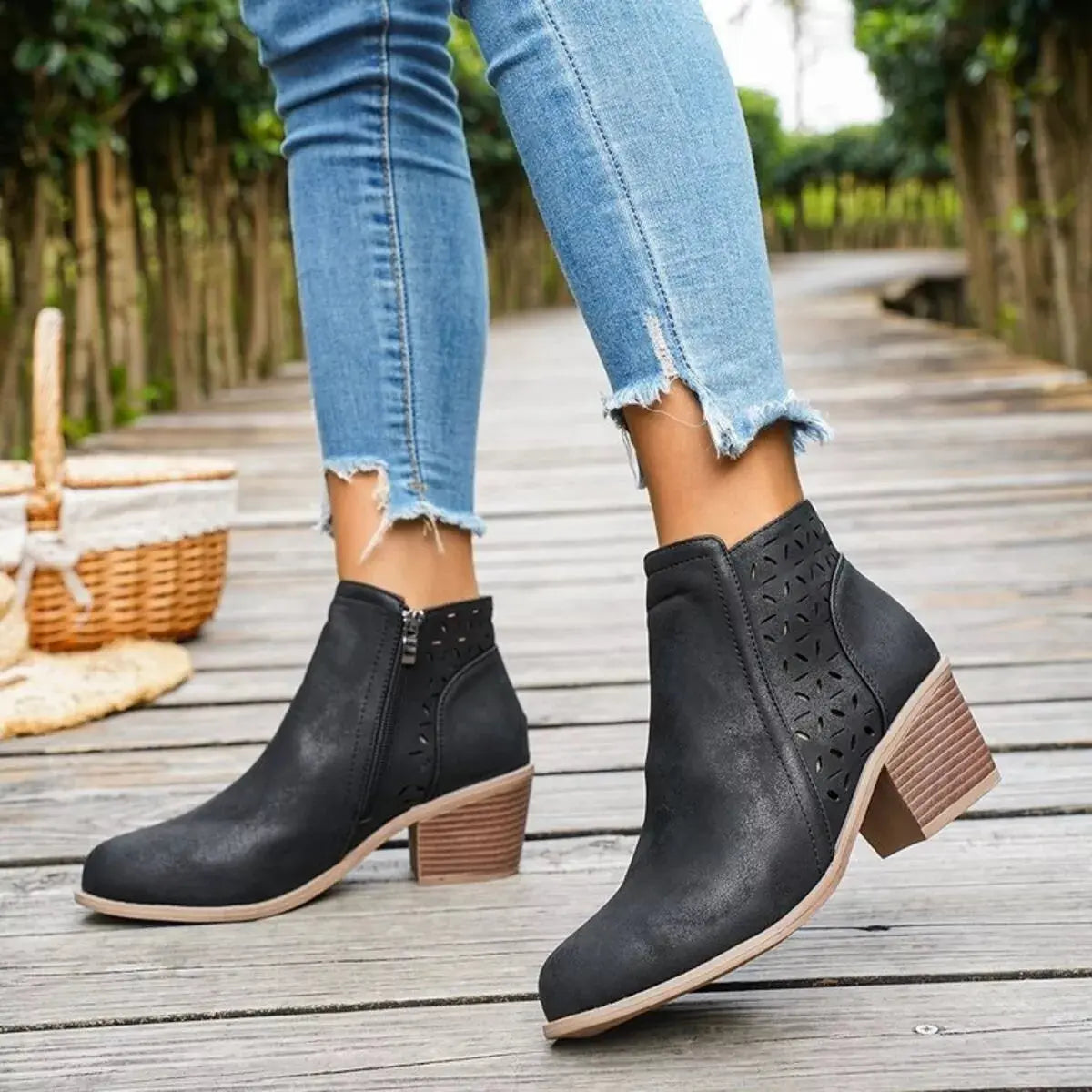 Block Heel Ankle Boots with Cutout Detail Simply Love