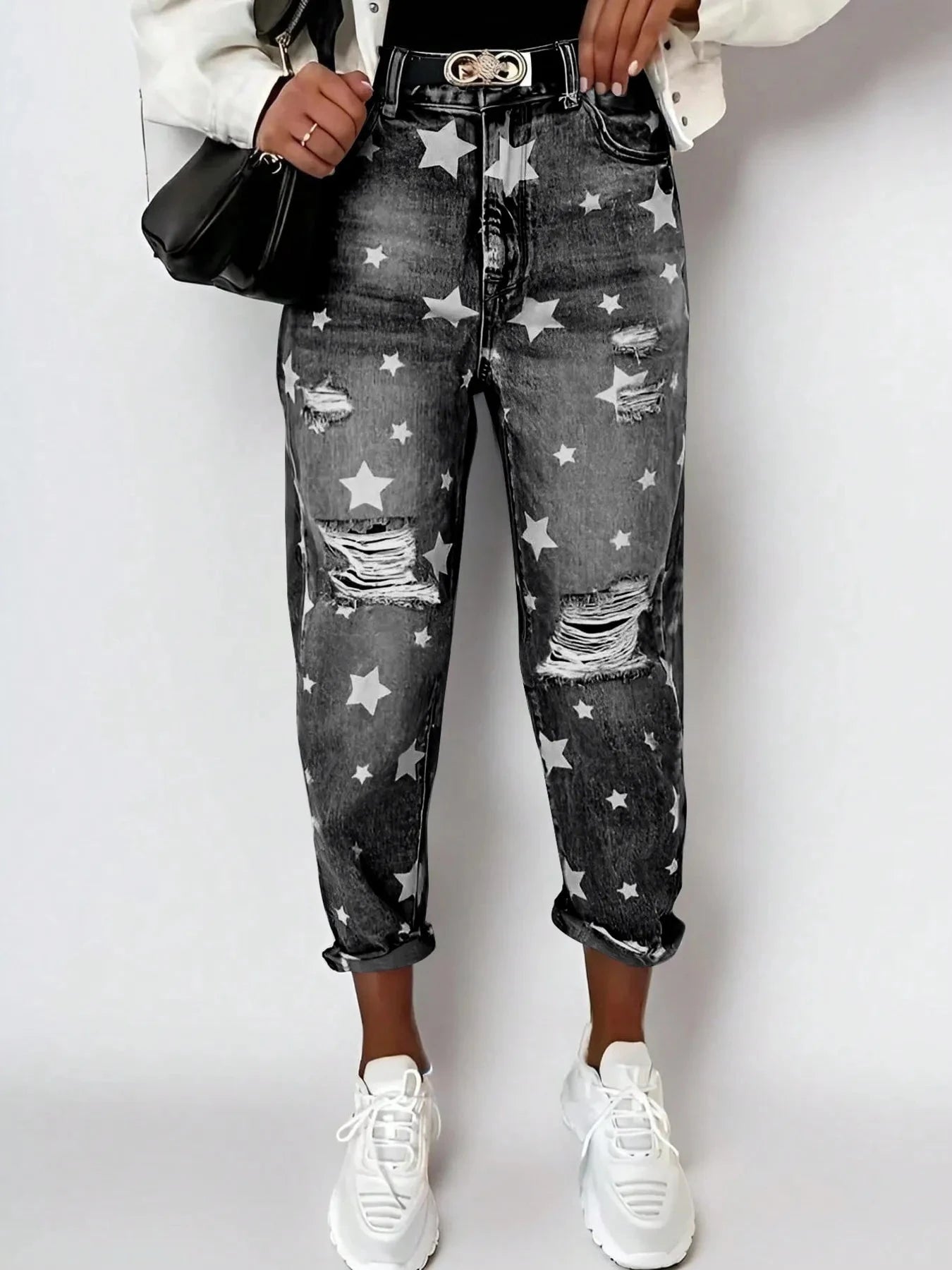 Star Print Distressed High Waist Boyfriend Jeans Coco’s Tee Boutique