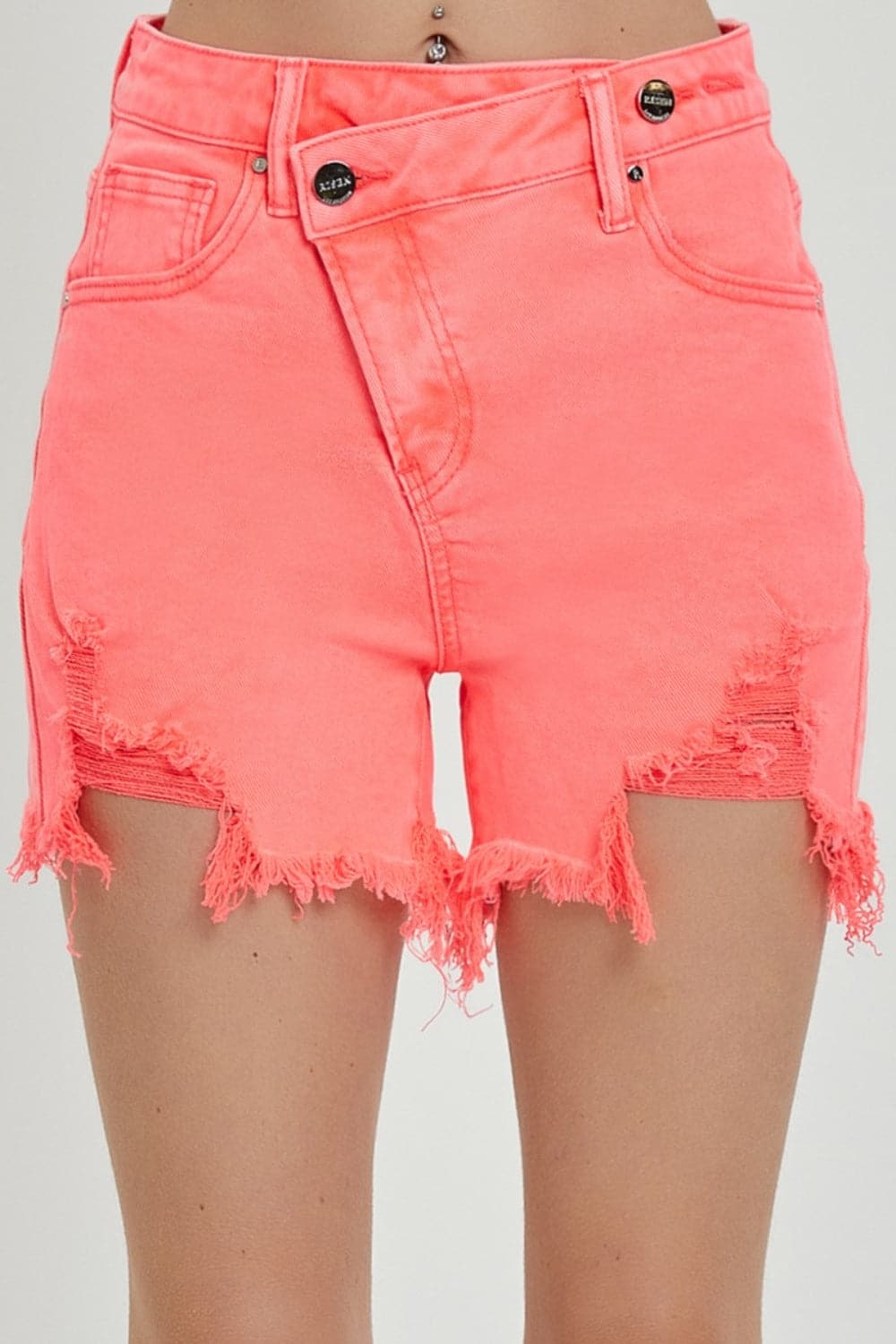 RISEN Raw Hem Asymmetrical Waist Denim Shorts.