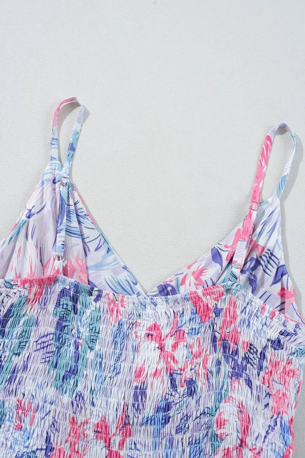 Floral Spaghetti Strap Surplice Neck Shirred Waist Mini Dress Simply Love