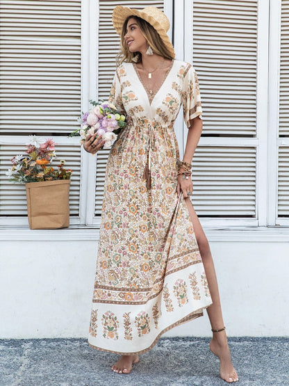 Drawstring Printed Plunge Half Sleeve Dress.