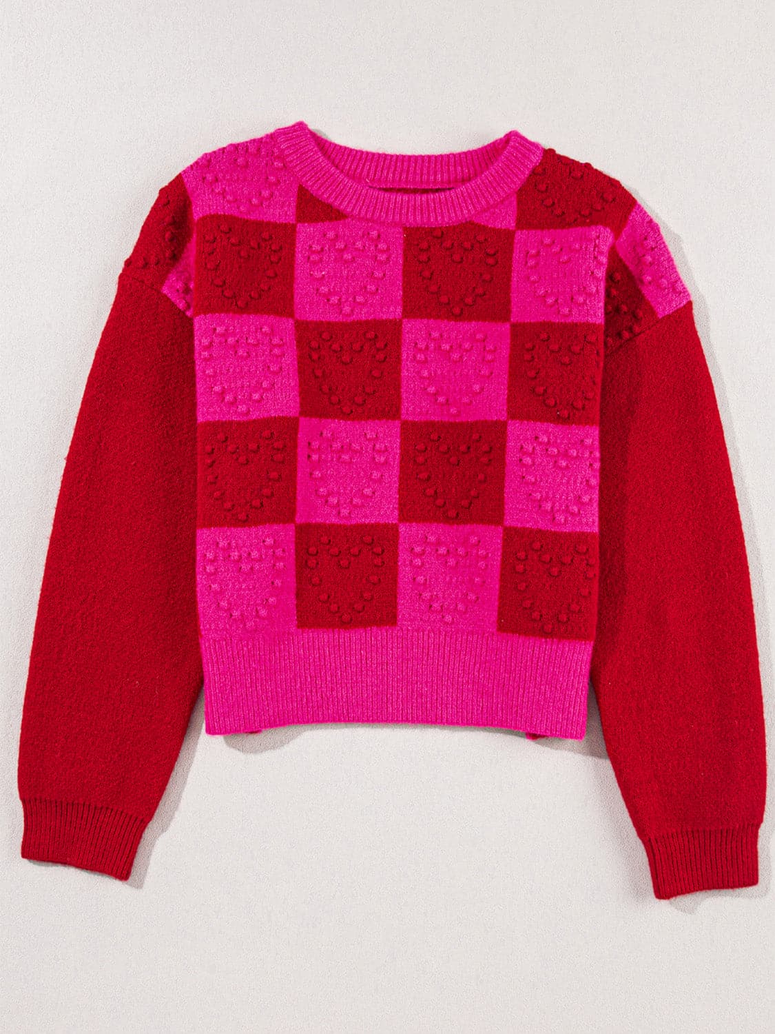 Plaid Heart Round Neck Sweater.