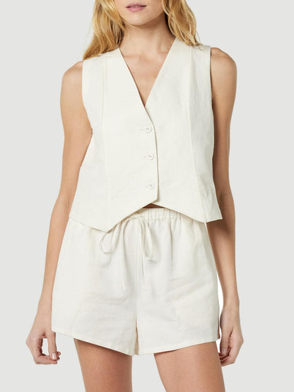 Button Up V-Neck Top and Pocketed Shorts Set.