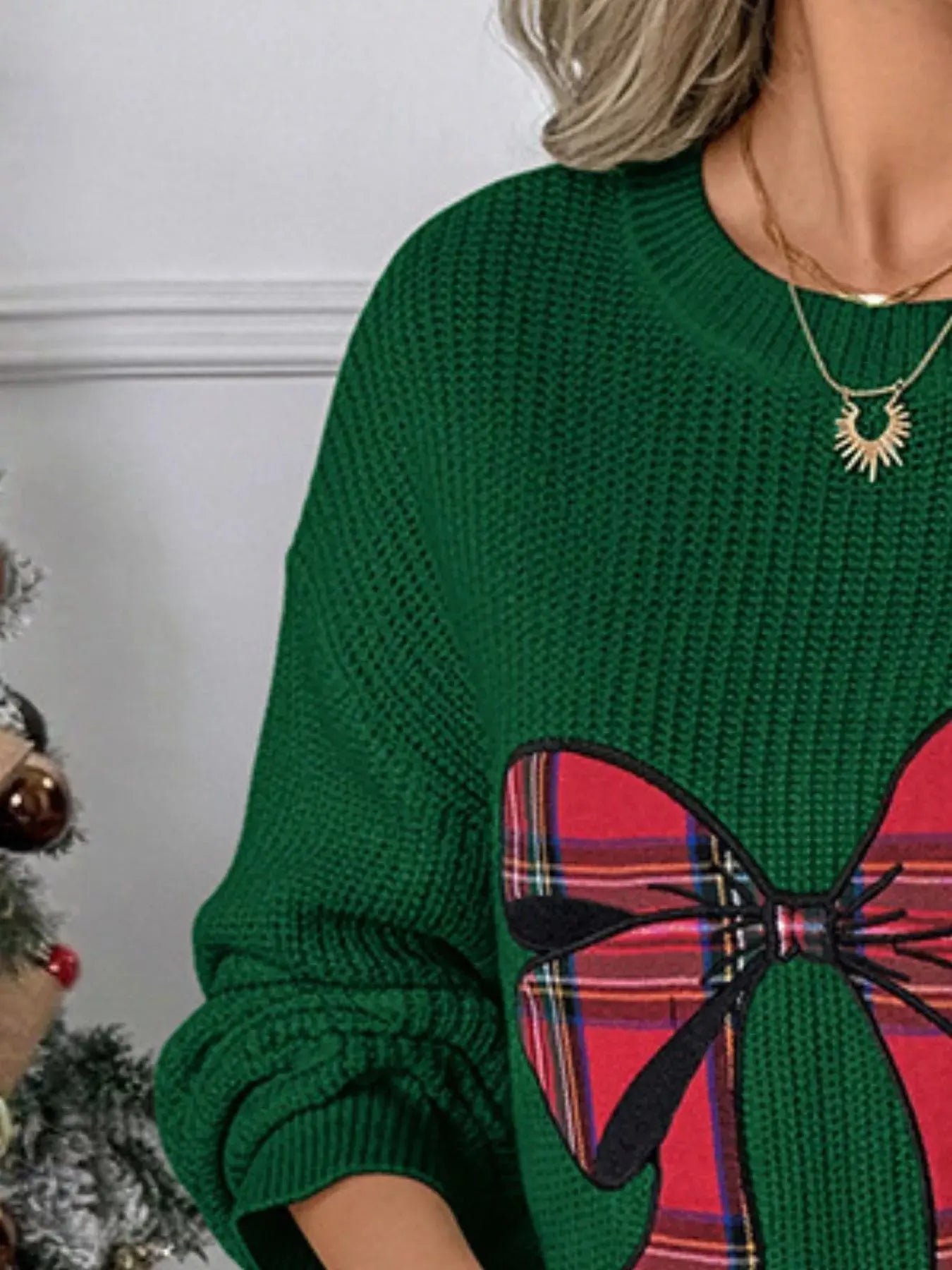 Plaid Bow Round Neck Christmas Sweater Simply Love