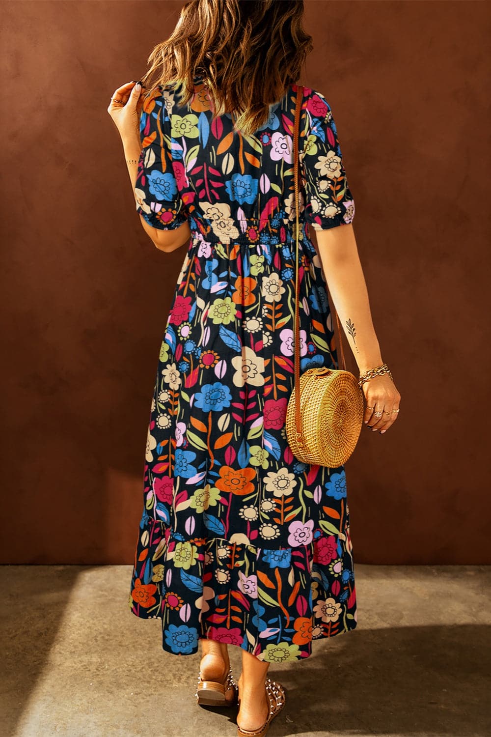 Printed V-Neck Half Sleeve Midi Dress.