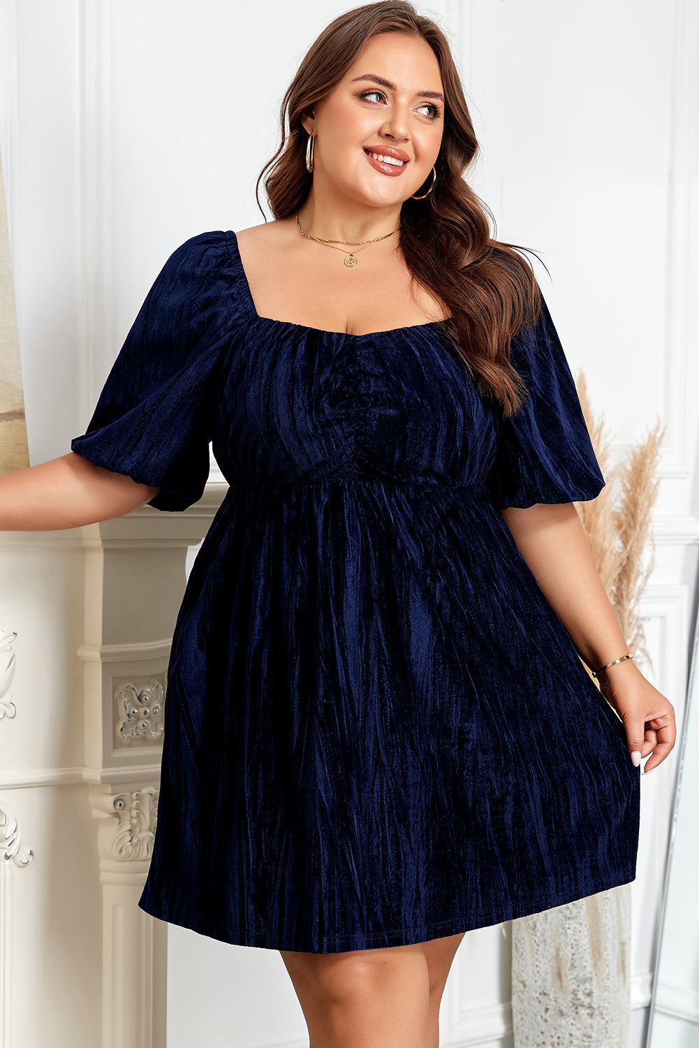 Navy Velvet Ruched Bust Square Neck Short Puff Sleeve Dress Dear-Lover Dropshipping
