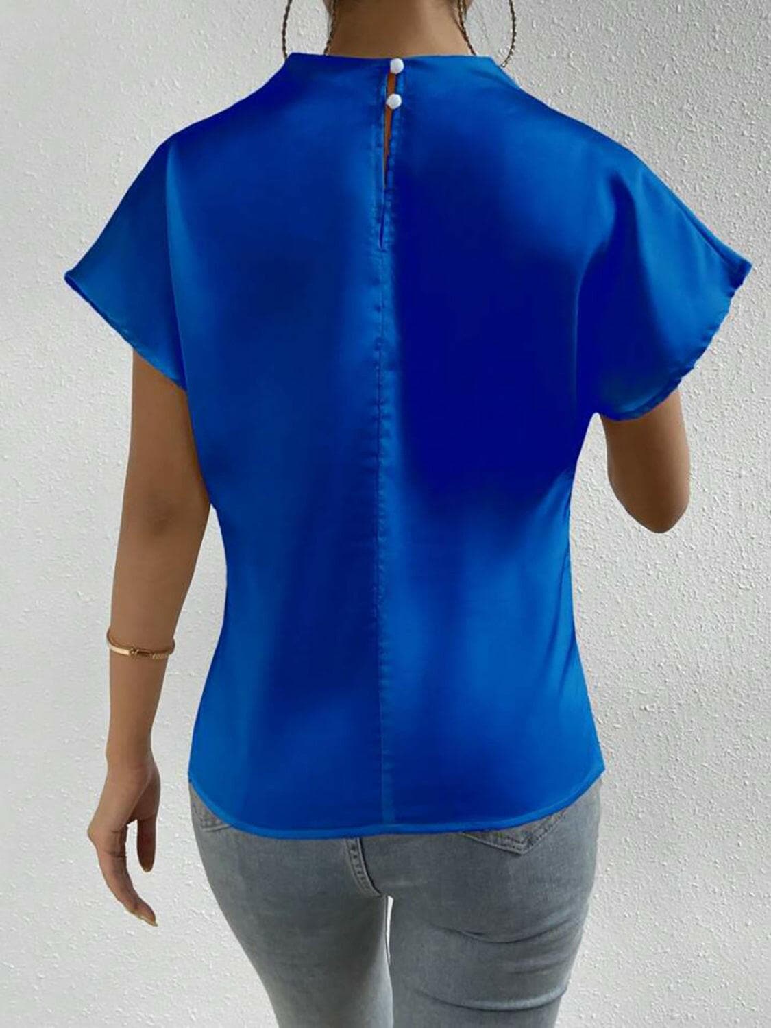 Ruched Mock Neck Short Sleeve Blouse.