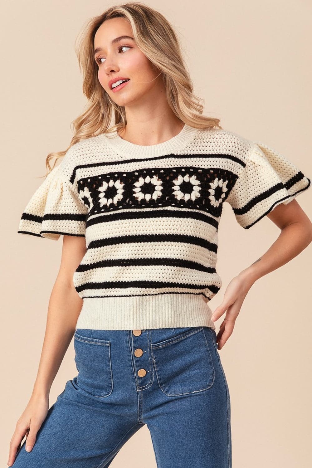 BiBi Granny Square Short Sleeve Striped Sweater.