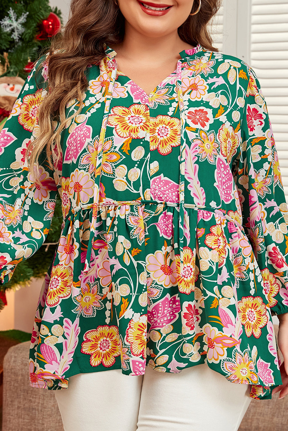 Floral elegance: Plus size green babydoll top with tied V-neck