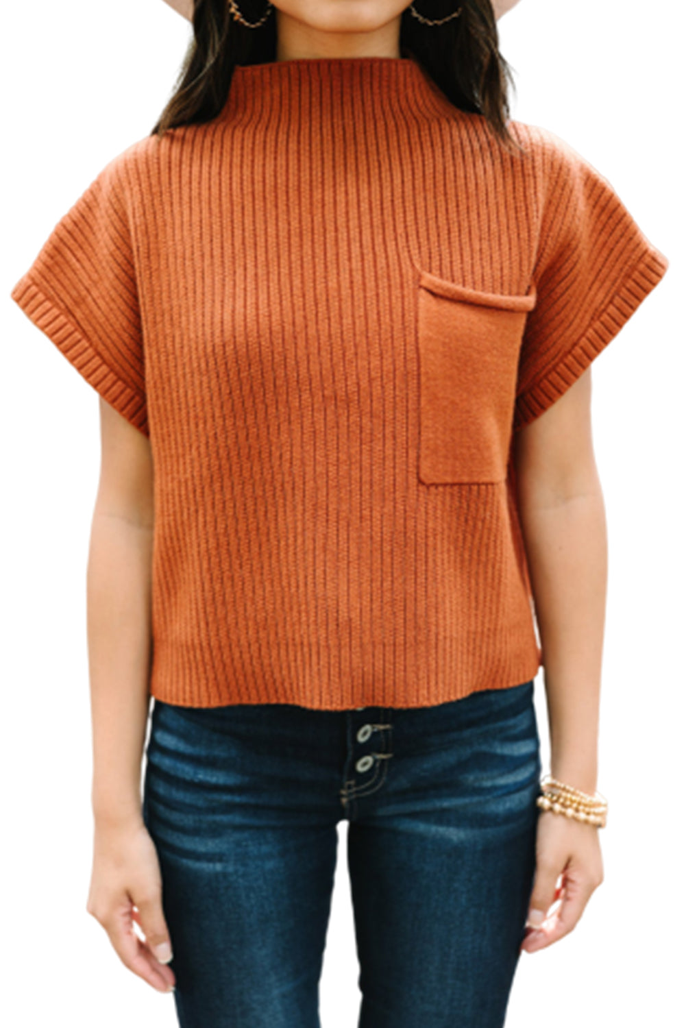 Cozy gold flame ribbed knit short sleeve sweater with patch pocket