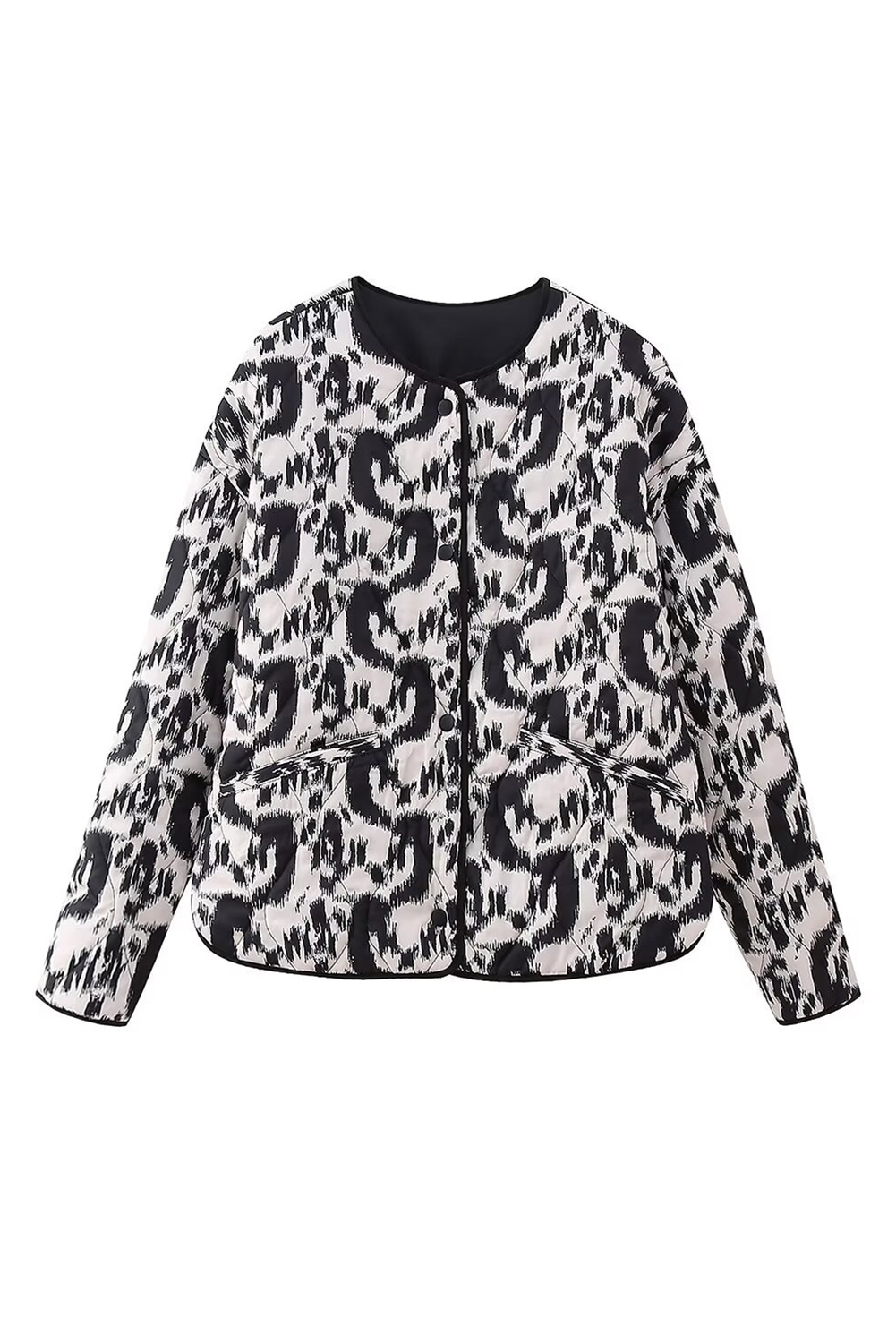 White Abstract Print Side Pockets Buttoned Jacket