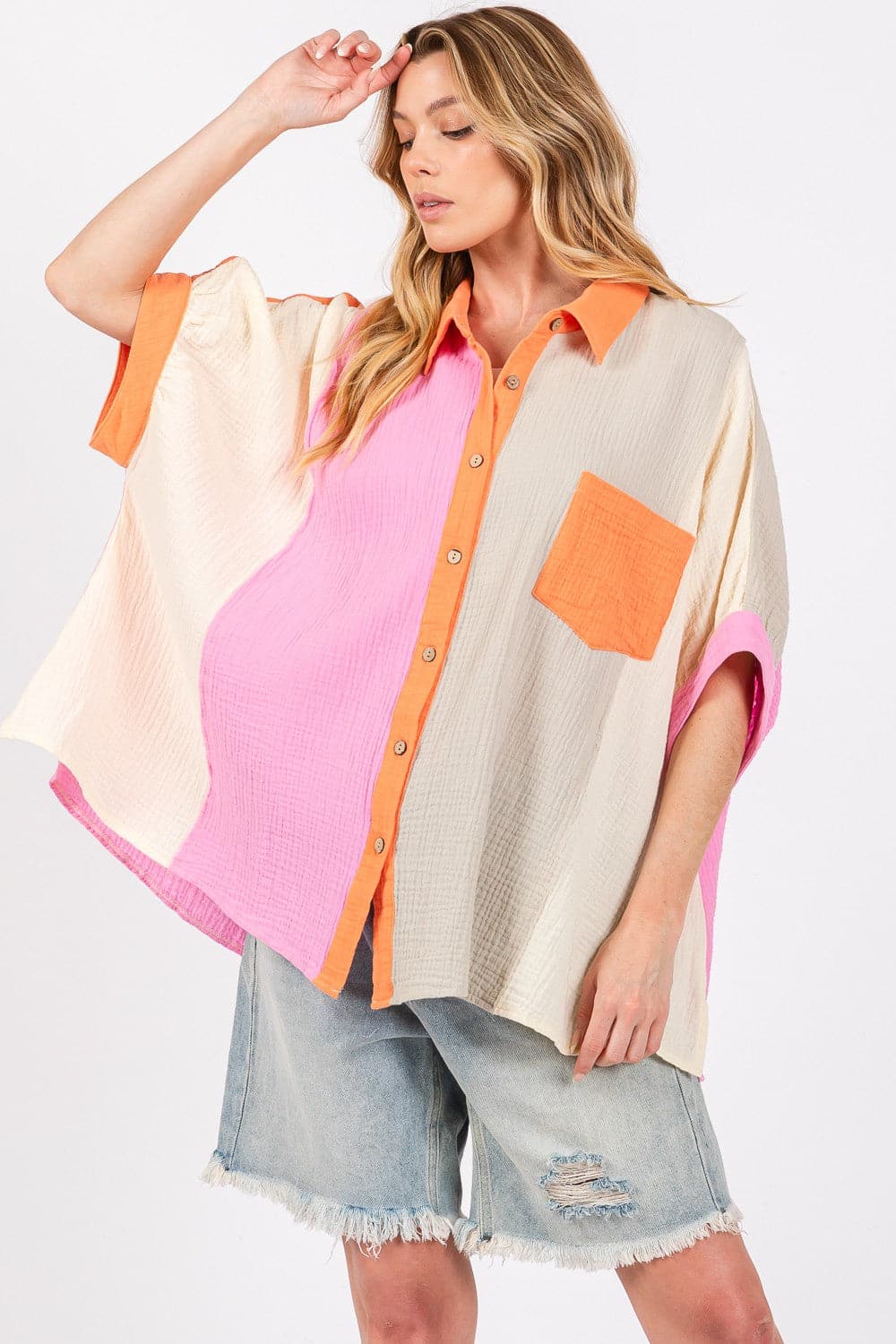 SAGE + FIG Full Size Color Block Button-Down Shirt.